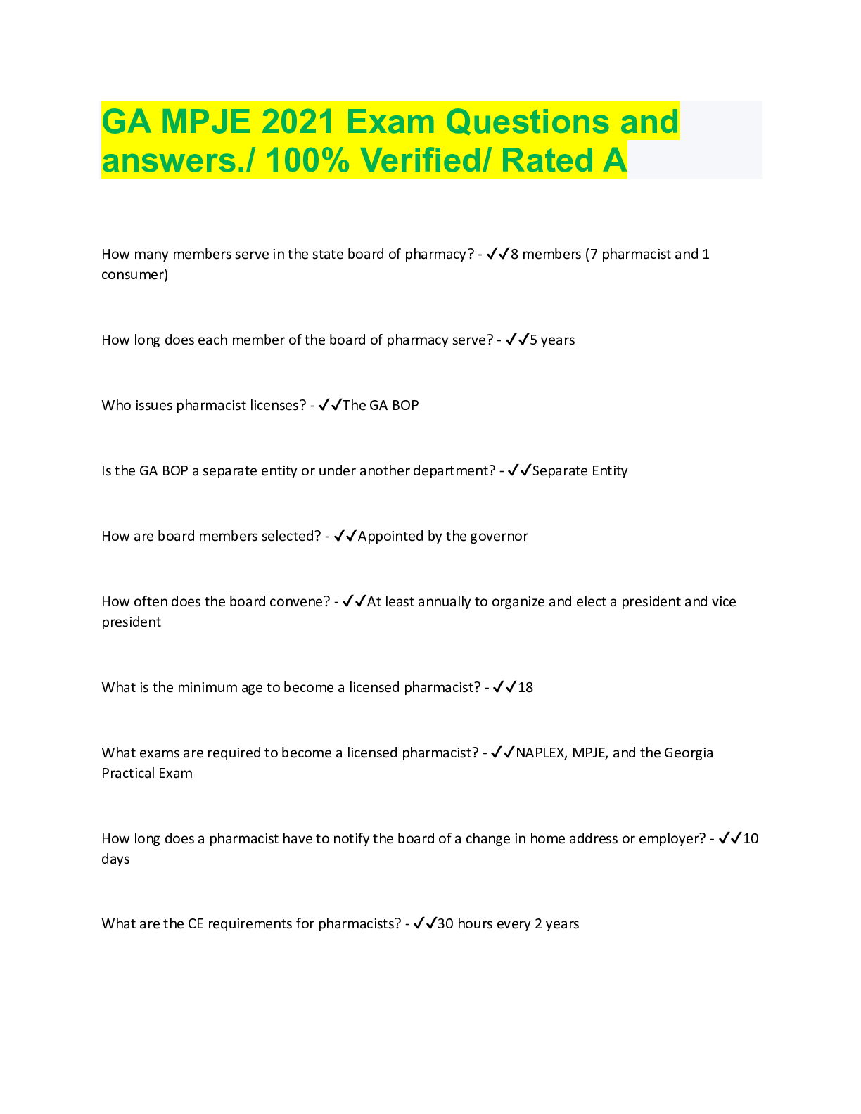 GA MPJE 2021 Exam Questions and answers./ 100 Verified/ Rated A